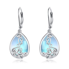 Teardrop Hook Earrings Birthstone Hook Earring for Women Fashion 925 Sterling Silver Hypoallergenic Jewelry Teardrop Filigree Jewelry, Silver, Moonstone