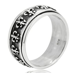 Treasure Bay Men's Women's Spinning/Spin/Spinner Ring Fleur-de-lis 10MM Band Finger Ring Solid 925 Sterling Silver (Y)