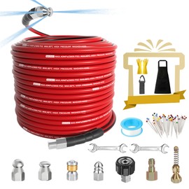 NaiNai 100FT Sewer Jetter Kit for Pressure Washer,1/4 Inch NPT Sewer Jetting Hose,Pressure Washer Drain Cleaner Hose 5800PSI with Sewer Jetter Nozzles, Gloves, Waterproof Tape, Apron (100FT)