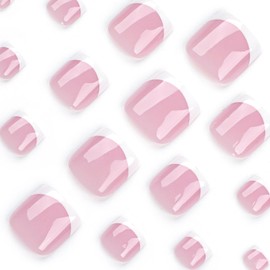 Pack of 24 False Toenails, 12 Sizes, French White Tip Toenails for Sticking, Short Square Artificial Toenails, Nude Pink, Full Cover Acrylic Fake Toenails for Women and Girls