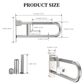 Toilet Grab Bar 22.4 Inch, YuanDe Brushed Nickel Anti-Slip Support Rail, U Shaped Flip-Up Grab Bar with Paper Holder, Stainless Steel Knurled Handicap Safety Handrails for Disabled Elderly Pregnant