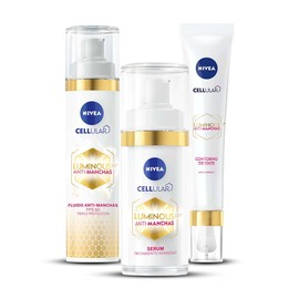 NIVEA Kit Anti-manchas Rutina Facial Luminous 630 (3 piezas), Enriquecida con Ácido Hialurónico Serum facial + Fluido facial con Vitamina E y FPS50 + Contorno de Ojos Anti-ojeras