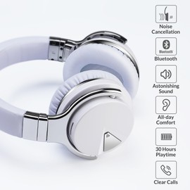 GarageRock E7 Active Noise Cancelling Headphones Bluetooth Headphones Wireless Headphones Over Ear with Microphone Deep Bass, Comfortable Protein Earpads, 30 Hours Playtime for Travel/Work, White
