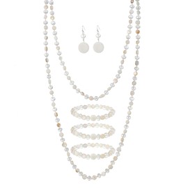 Xalroco Trendy Infinity Wrap 60’’ Long Statement Necklace, Earrings and Bracelet Set - Hand Knotted Versatile Crystal and Shell Beads Strand Necklace and Chunky Beaded Stretch Bracelet Stack – Jewelry Set Gift for Women (White)