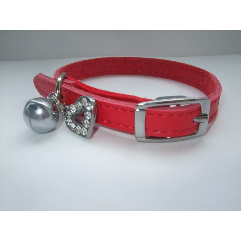 Leather cat collar red,blue,brown,pink,purple,black, safety elastic,diamante heart charm (Red)