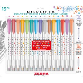 Zebra Pen Mildliner Dual-Tip Dot and Stamp Marker, Water-Based Pigment Ink, Extra Fine Bullet & Assorted Shape Stamp Tips, Assorted Colors, 15-Pack (73315)