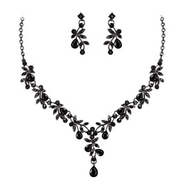 BriLove Wedding Jewelry Set for Women Bride, Y-Necklace Dangle Earrings Rhinestone Crystal Teardrop Leaf Vine Flower Cluster for Bridal Bridesmaid Black