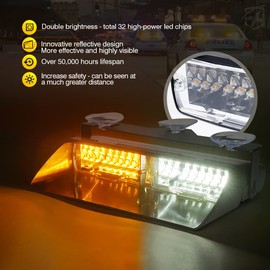 Xprite 2-in-1 High Intensity 32 LED Emergency Dash Strobe Warning Lights Interior Windshield Flashing Light w/Suction Cups for Volunteer Firefighter Construction Vehicles Truck White Amber