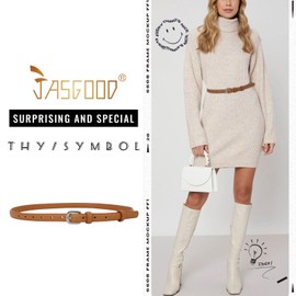 JASGOOD 2 Pack Women Thin Skinny Faux Leather Belt Waist Belt with Metal Pin Buckle for Dress Jeans Black+Brown Fit for Waist Size 37"-42"