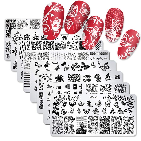SILPECWEE 8Pcs Nail Stamping Plate Summer Nail Stamps Flower Butterfly Design Stamping Nail Polish Nail Art Stamping Kit Nail Stencils for Nail Art Accessories Nail Tool