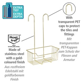 WENKO Milo Thermostatic Shower Caddy for Hanging on the Tap, Stainless Steel Shelf (Rust-Proof), 25 x 36 x 14 cm, Gold