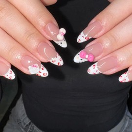 IMSOHOT Press on Nails Medium Almond Fake Nails with Cute Bow Charms Design, Pink Leopard Print French Nail Tips, Acrylic Glossy Stick on False Nails with Nail Glue 24Pcs