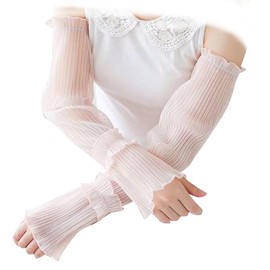 belthagm Light Thin Lace Mesh Ruched Ruffle Hem Arm Sleeve,Sun Protection Long Sleeve Arms Accessories for Outdoor Sports, Pink, One Size