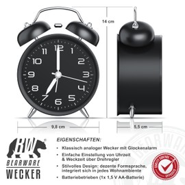 CSL - Analogue Alarm Clock without Ticking with Light - LED Lighting - Round - Retro Design - Bell Alarm - Black with White Board - Loud Ringtone for Deep Sleepers - Easy to Use - Black