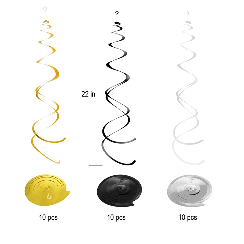 Hanging Swirls Party Streamer Spiral Decorations for Ceiling (30pcs, Black,