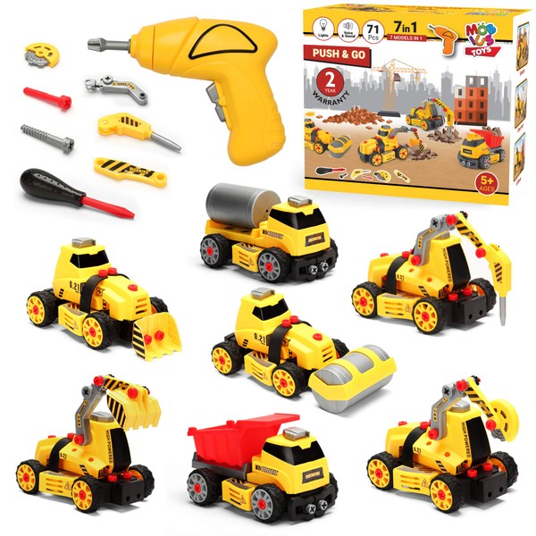 7 in 1 Take Apart Truck Construction Set - STEM Learning Toy w/ Electric Drill, DIY Engineering Building PlaySet w/ Lights, Sounds, Push & Go Educational Builder Set for Kids, Boys & Girls, Ages 4+