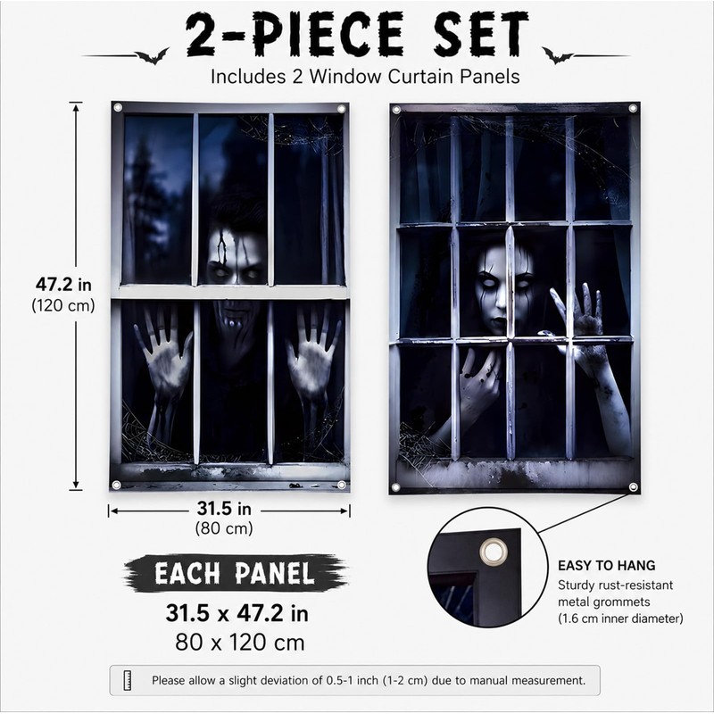 2Pcs Halloween Ghost Window Curtain Cover, Scary Halloween Decorations