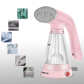 True & Tidy, Steam Hand Held Steamer with Stainless Steel Nozzle, Includes Fabric Brush and Water Cup, TS-20, Pink