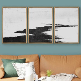 SIGNWIN Framed Canvas Print Wall Art Dark Path Along The Shore Abstract Shapes Illustrations Modern Art Minimalist Relax/Calm Black and White for Living Room, Bedroom, Office - 16"x24"x3 Natural