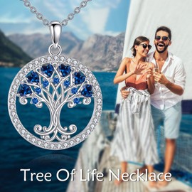 Tree of Life Necklace for Women Birthstones Jewellery for Women Sterling Silver Fine Anniversary Birthday Christmas Wedding Jewellery for Wife Sister, Sterling Silver, Cubic Zirconia