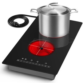 TYEMUI Electric 2 Burner Cooktop 110v Plug in, Portable 2000W Infrared Cooktop Double Burner 12in Ceramic Glass Stove Top Burner, Built In or Countertop for Indoor Outdoor Cooking