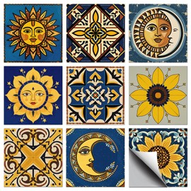 CHGCRAFT 36 Pcs 9 Styles Sun and Moon Patten Tile Sticker Stars Shapes Wall Tile Stickers Waterproof Self Adhesive Stick on Decals for Kitchen Bathroom Wall Art 4×4 Inch