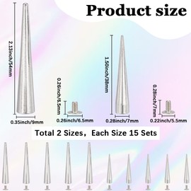 GORGECRAFT Set of 30 2 Sizes 54 mm 38 mm Large Silver Spikes and Rivets Metallic Cone Punk Metal Tree Rivets Screw Rivets Screw-On Cone Long Copper Ball Rivets for Rock Leather Clothing