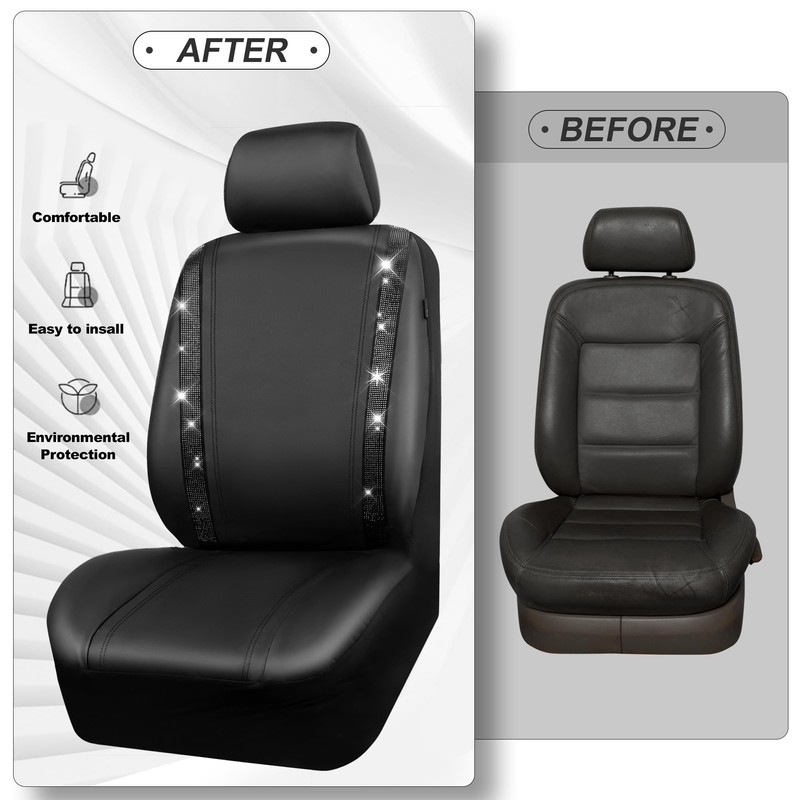 CAR PASS Leather Bling Diamond Car Seat Covers Full Set,