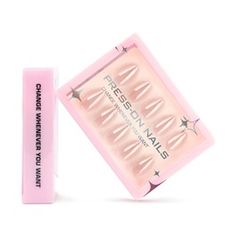 30Pcs Chrome Press on Nails Short Almond Fake Nails Glossy Nude Acrylic Nails Press Ons Ombre False Nails Full Cover Glue on Nails Shiny Stick on Nails for Women Girls Manicure