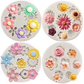 Sijiangmold Flower Fondant Cake Mold Daisy Rose Chrysanthemum and Small Flower Silicone Molds for Candy Chocolate Cake Decoration Cupcake Toppers Gum Paste Polymer Clay Set of 4