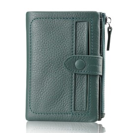 F.ZH Women's Bi-Fold Wallet, Short Wallet, Genuine Cowhide Leather, 13 Card Slots, Coin Purse Included, Bill Compartment, Compact, Large Capacity, Small Size, Excellent Storage Capacity, grey green