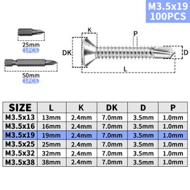 Pack of 100 Self-Tapping Screws Countersunk Head M3.5 x 19 mm Tapping Screws Countersunk Head 410 Stainless Steel Drilling Screws Cross Head Screws Self-Tapping with Two PH1 Bits Metal Screws for