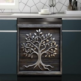 RTHDG 3D Tree of Life Magnetic Dishwasher Full Door Cover, Silver Tree of Life Magnetic Skin Cover for Dishwasher Kitchen Decor, Vintage Wooden Door Refrigerator Vinyl Door Cover, Reusable