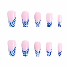 BABALAL Blue Press on Nails Long Coffin Fake Nails French Tip Glue ons Nails Swirl Design Acrylic Nails 24Pcs Ballerina False Nails