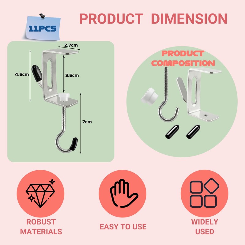 11 Pcs Desk Hook for Bag,Upgraded 2-Hook Metal Clamp Hooks,Purse