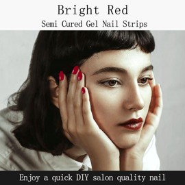 IQXGE Gel Nail Stickers, Semi Cured Gel Nail Strips, UV Light Needed, 20pcs Full Nails Wraps for Women UV Nails Polish Stickers Including 1 Wood Stick, 1 File, 2 Prep Pad-Bright Red