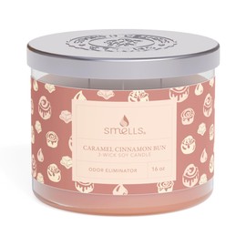 Smells - Odor Eliminator - Premium Soy Wax Jar Scented Candle 12oz. and 16oz. - 100% Cotton Single Wick and 3-Wick - Fraganced Candles (Caramel Cinnamon Bun, 3-Wick 16oz (1-Pack))