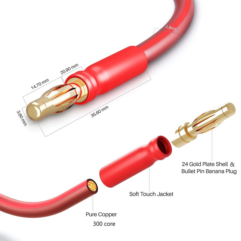 LONPOO Pure Copper Speaker Cable with Gold Plated Banana Connectors