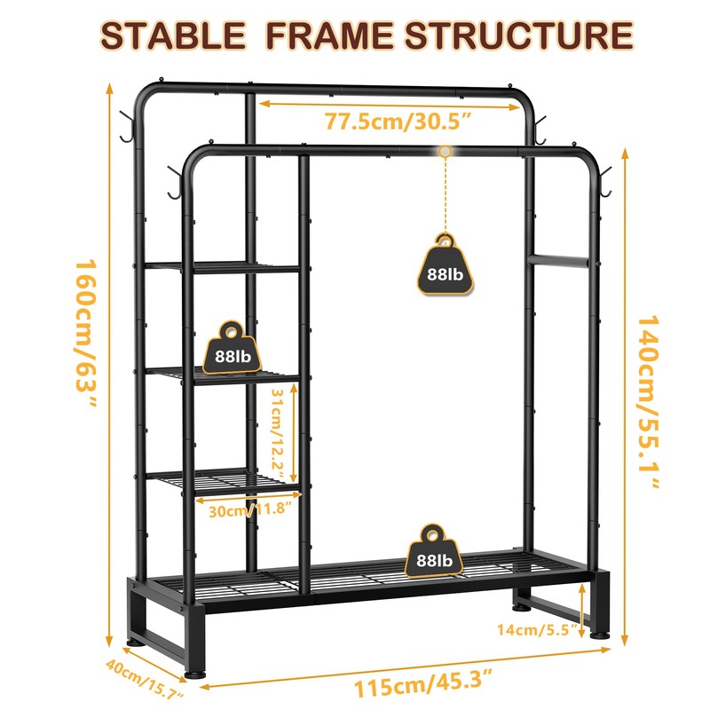 Double Rods Clothes Rack Clothing Rack with 4 Tier Storage