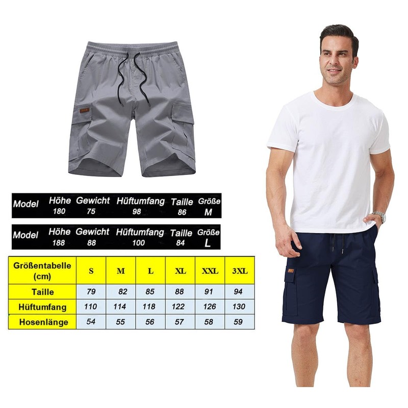 Ougelebo Men's Cargo Shorts Elastic Waist with Drawstring, darkblue, XXL
