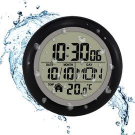 Waterproof Wall Clock for Shower, Indoor Wall Clock with Suction Cup, Plastic Frame, Flexible for Hanging, Standing, Digital Modern Silent Small Wall Clock for Bathroom, Living Room, Kitchen (Black)