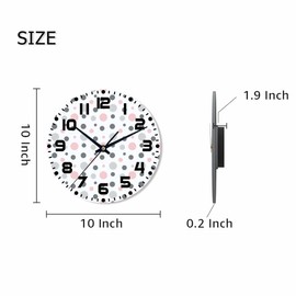 NOMEDOGYIM Polka Dot Pattern Wall Clock Pink Gray White Battery Powered Wall Clock Silent Non Ticking 10 Inch for Living Room, Kitchen, Home,Bathroom, Bedroom