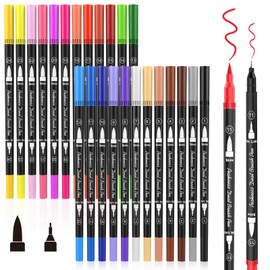 Peakness Dual Brush Pen Set, Felt Tip Pen Set, 24 Colours, Watercolour Pens with Two Tips for Bullet Journal, Hand Lettering, Colouring Books, Calligraphy, Manga Ink, Water-based Double Fibre Tip Pens