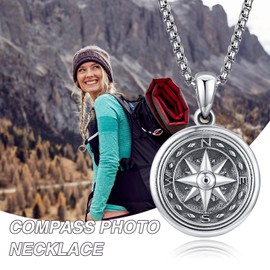 KINGWHYTE Sterling Silver Locket Necklace Compass Photo Locket Memory Pendant Necklace for Women Men Girls With Leather Rope length 20inch (50cm)