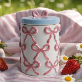 Cookie Jars with Lid Airtight, 42 OZ Large Ceramic Food Storage Containers, Cute Pink Bow Kitchen Canisters for Countertop, Suitable for Home Decor of Coffee, Sugar, Tea, Flour, Dog Treat (7.5 inch）