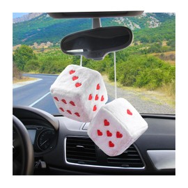 Dickno 2 PCS Fuzzy Plush Dice for Car Mirror, 3" Soft Retro Square Heart-Shape Rearview Mirror Ornament, Universal Interior Hanging Dice Decor Accessories for Women (White)