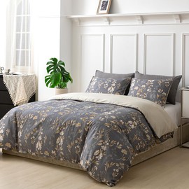 Tokokimo Duvet Cover Set - Bedding Sets Double Reversible, Gold Floral Microfiber Duvet Cover with Pillow Cases, Gifts for Mom Dad Bedroom Decor (Flowers, Grey, Double 200x200 cm)