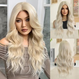 OUFEI Long Wavy Light Blonde Wig for Women Large Scalp Natural Synthetic Hair Heat Resistant Ombre Wigs for Daily Party Cosplay Wear