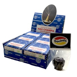 Govinda Incense Cone Holder Bundle with Satya Bangalore (BNG) Nag Champa Incense Cones- 12 Boxes x 12 Cones