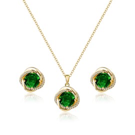 Teppdfann Emerald Jewelry Set for Women 14K Gold Plated Green Necklace and Earrings Set with May Birthstone Floral Edge Design Sparkling for Evening Party and Dance Party